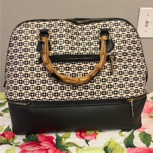 Stylish Black and Cream Handbag with Custom Bamboo Handles